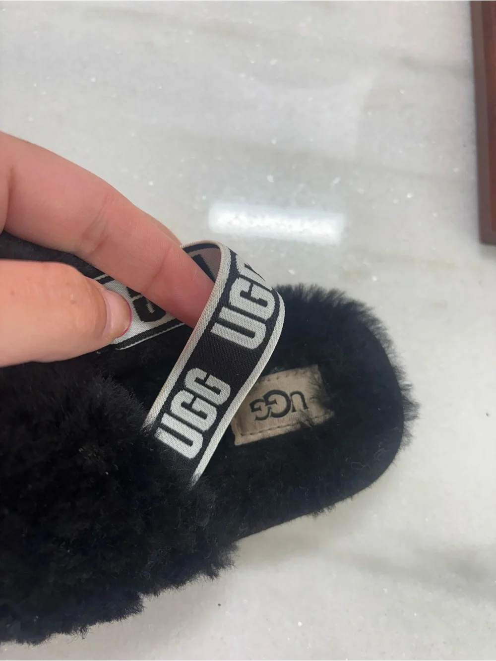 UGG Black Faux Fur Kids Slide Sandals with Branded Elastic Strap